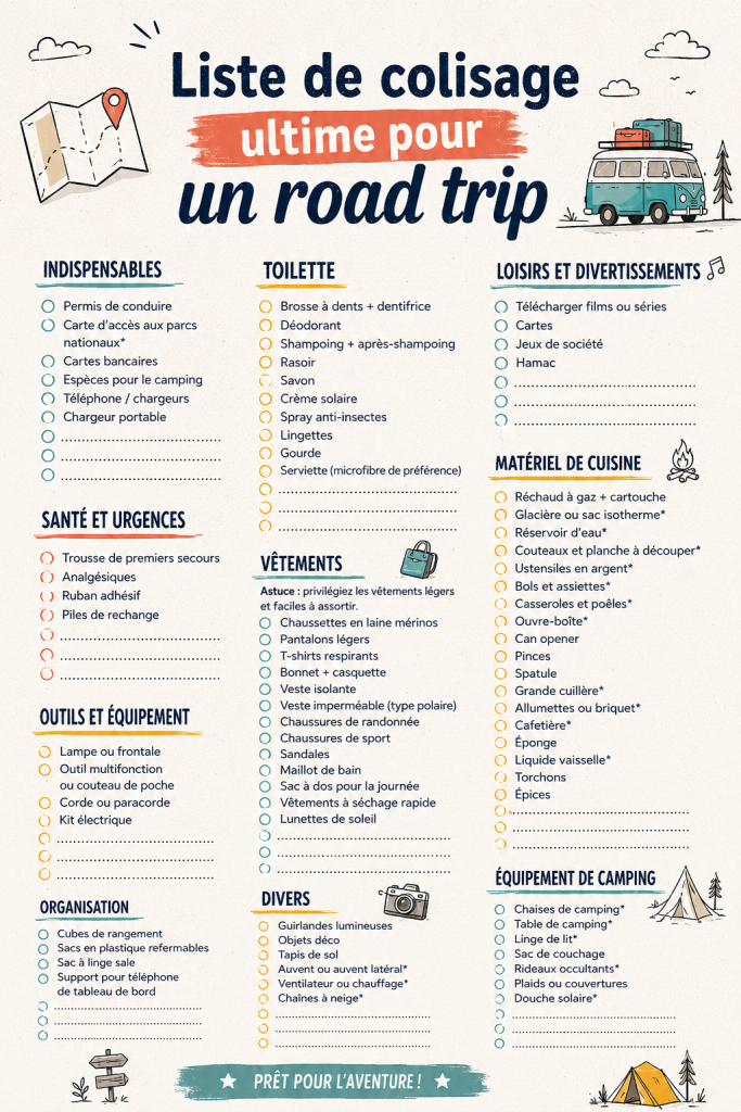 Vue d'une valise ouverte avec des vêtements et équipements de voyage.