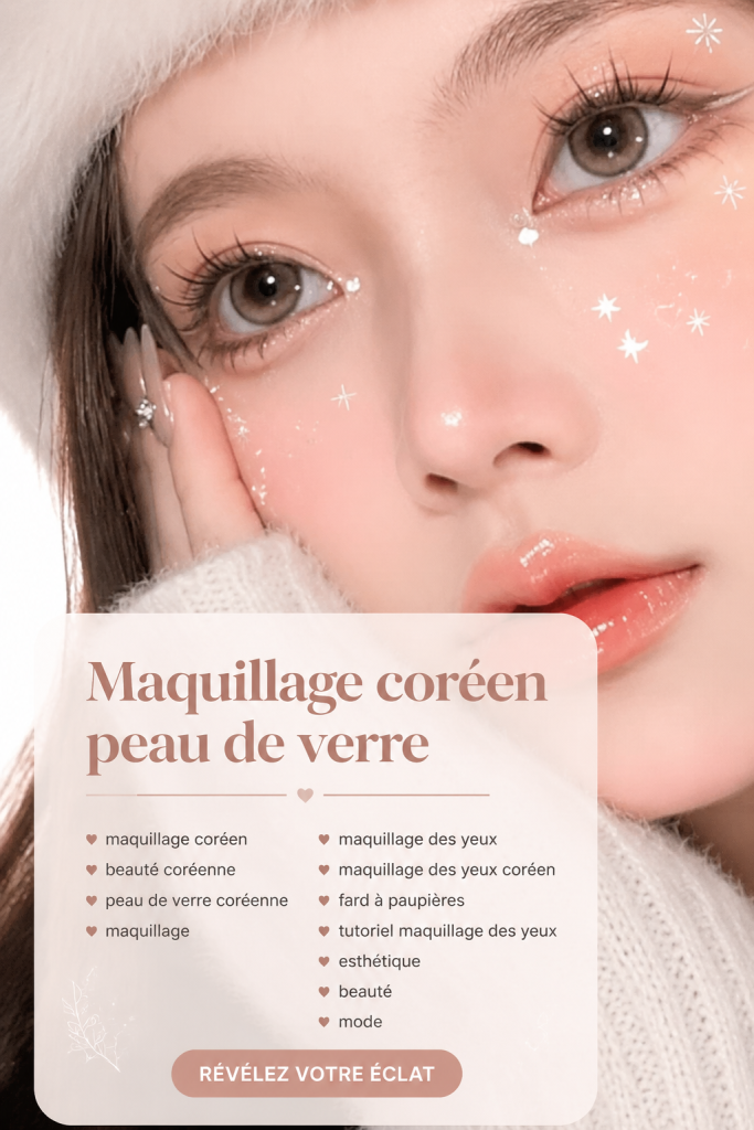 Maquillage coréen avec un teint éclatant et des ombres à paupières délicates.