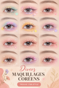 Femme asiatique appliquant du maquillage coréen avec des produits variés sur sa coiffeuse