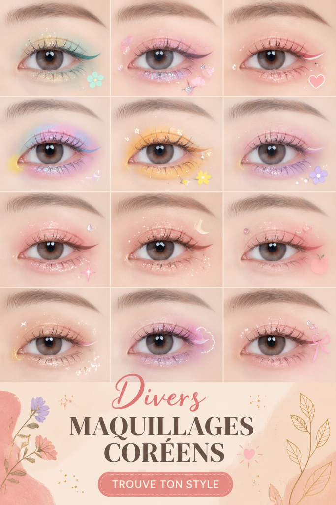Femme asiatique appliquant du maquillage coréen avec des produits variés sur sa coiffeuse