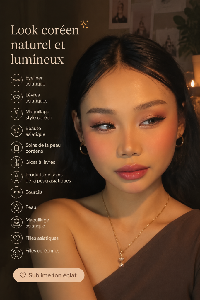 Maquillage coréen mettant en valeur des lèvres brillantes et un eyeliner élégant
