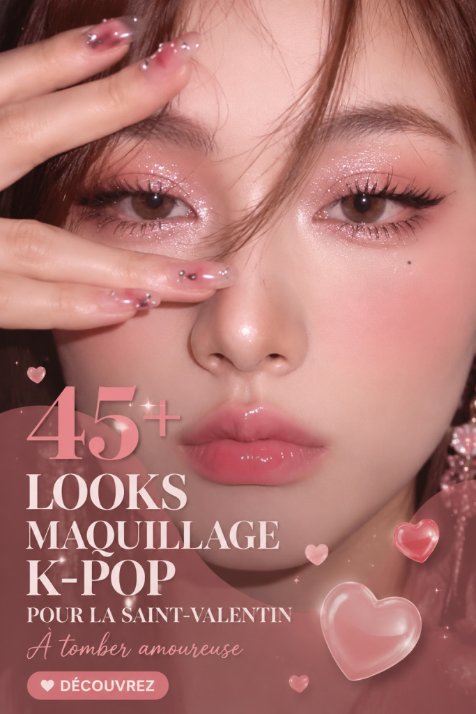 Montage de 45 looks de maquillage K-pop pour la Saint-Valentin, tous colorés et expressifs.