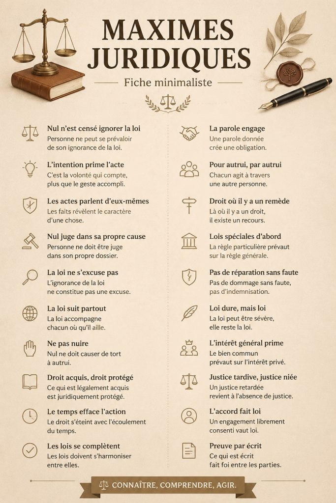 Feuille pratique des maximes juridiques minimales avec des exemples d'application.