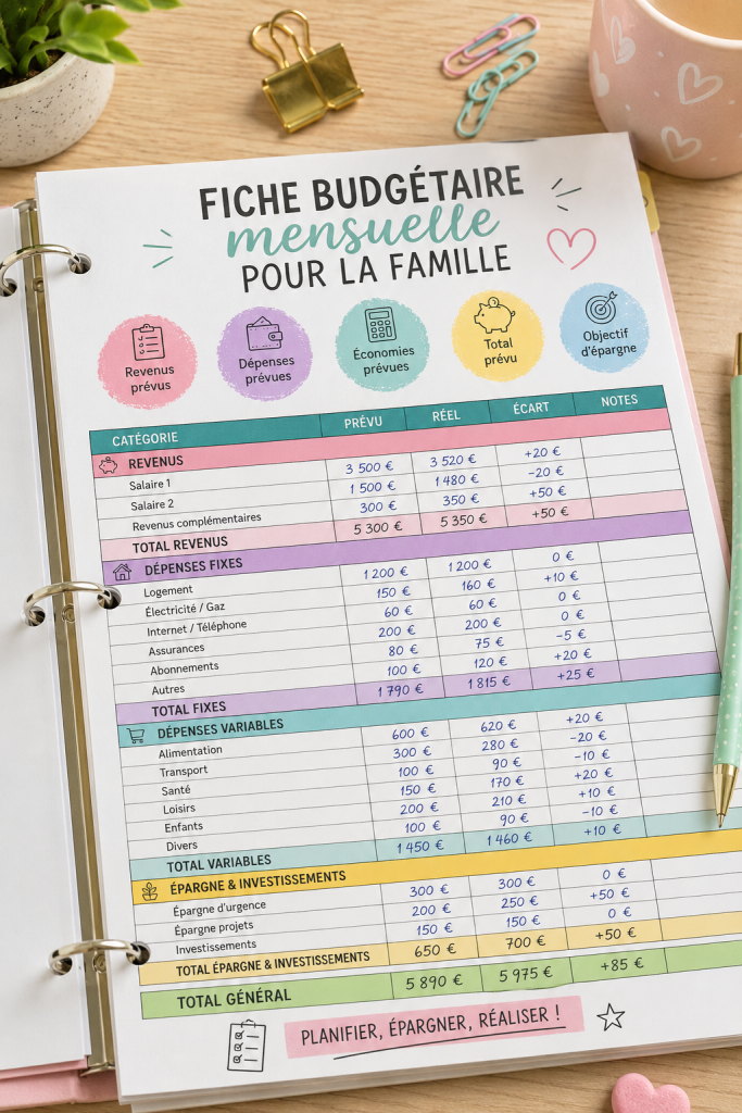 Modèle de budget familial imprimable sur une table avec des stylos