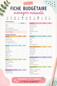 Modèle de budget ménager imprimable sur une table de travail avec des stylos