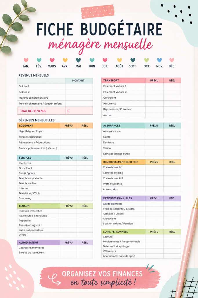 Modèle de budget ménager imprimable sur une table de travail avec des stylos