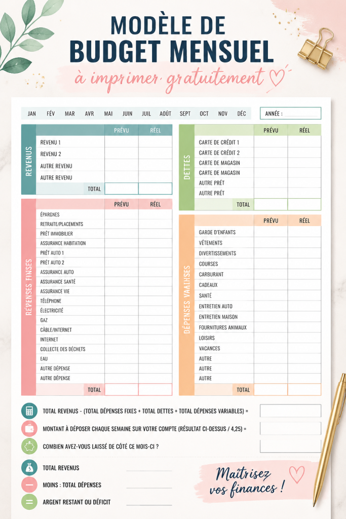 Modèle de budget mensuel gratuit affichant les dépenses et revenus