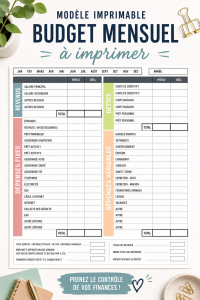 Image d'un modèle de budget mensuel à imprimer avec des sections pour revenus et dépenses.