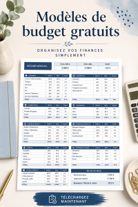 Modèles de budget gratuits sur un ordinateur avec une tasse de café