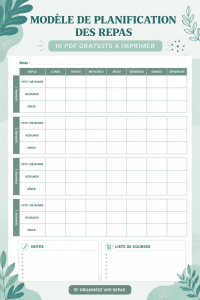 Un calendrier de planification de repas coloré et organisé, prêt à être imprimé.