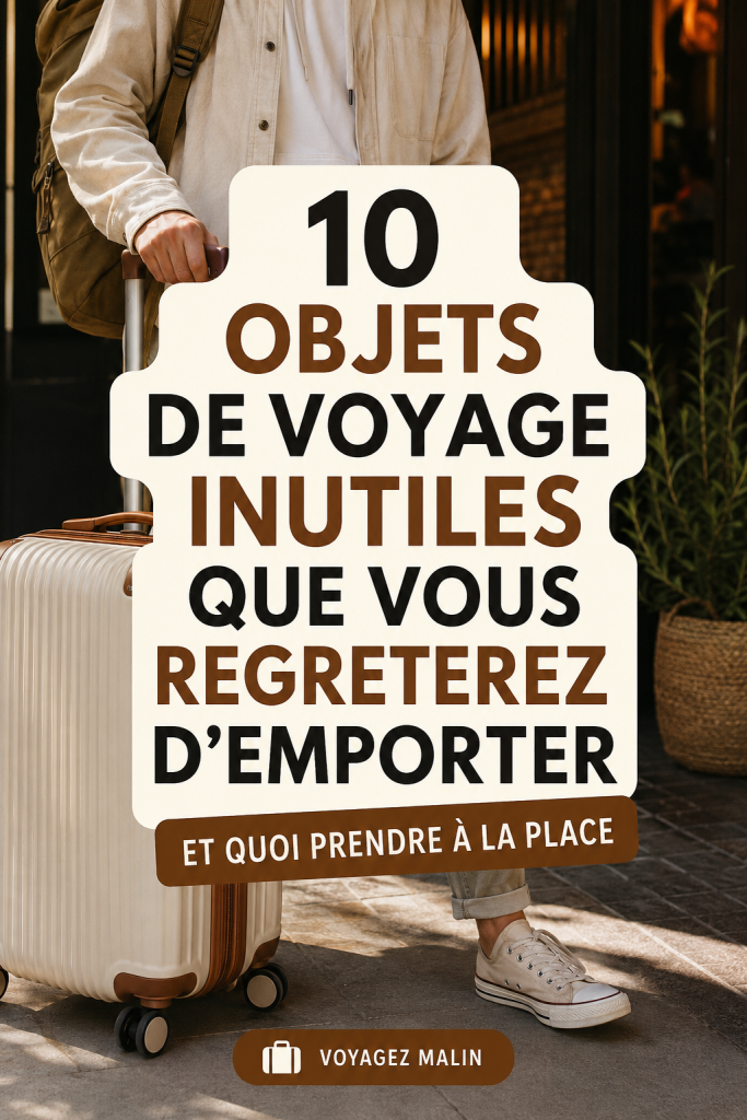 Valise ouverte montrant des objets de voyage avec des articles inutiles mis en évidence