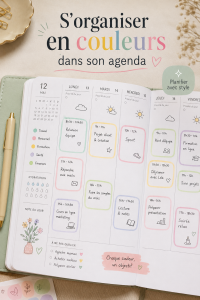 Agenda Quo Vadis ouvert avec des notes colorées et stylos assortis
