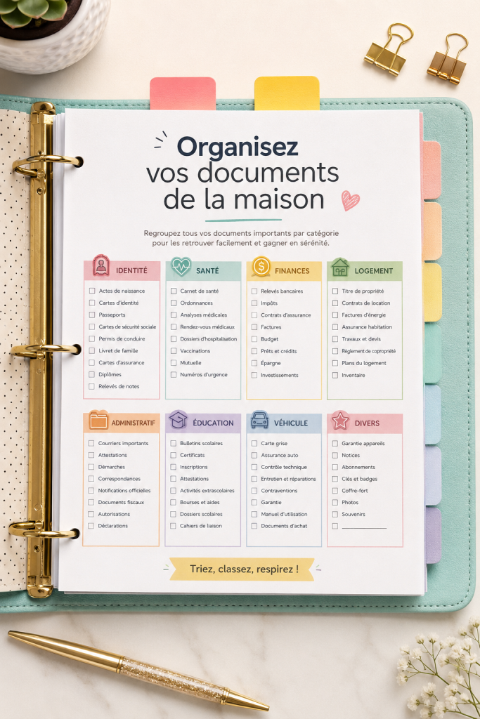 Un bureau bien rangé avec des documents organisés dans des classeurs colorés