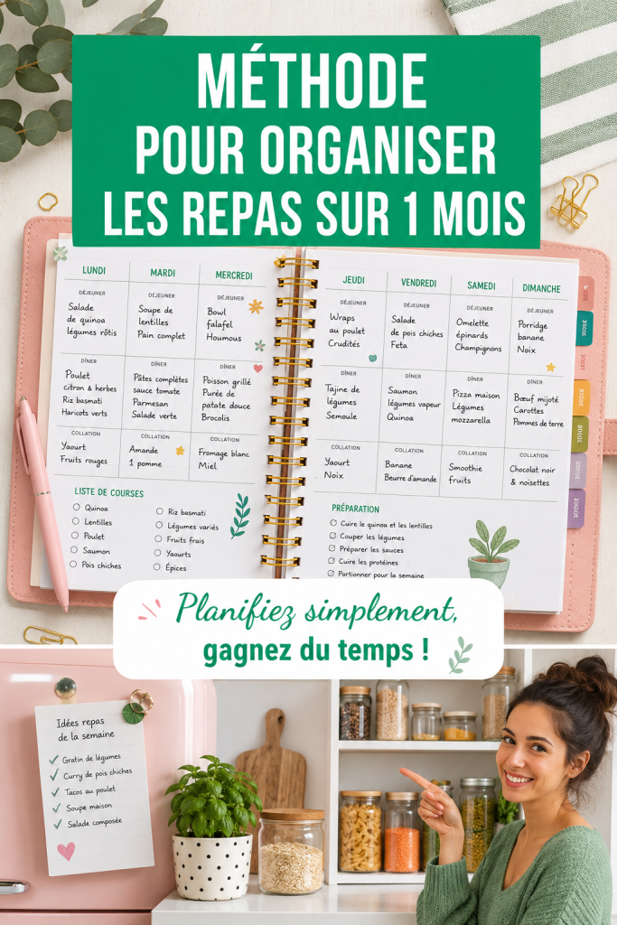 Un calendrier de repas mensuel coloré avec des recettes variées
