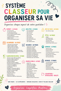 Un classeur d'organisation bien rangé avec des sections colorées et des étiquettes.