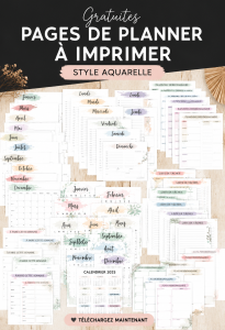 Plan de pages de planner colorées en aquarelle sur un bureau chic