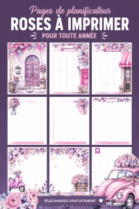 Illustration de pages de planner roses imprimables sur un bureau organisé.
