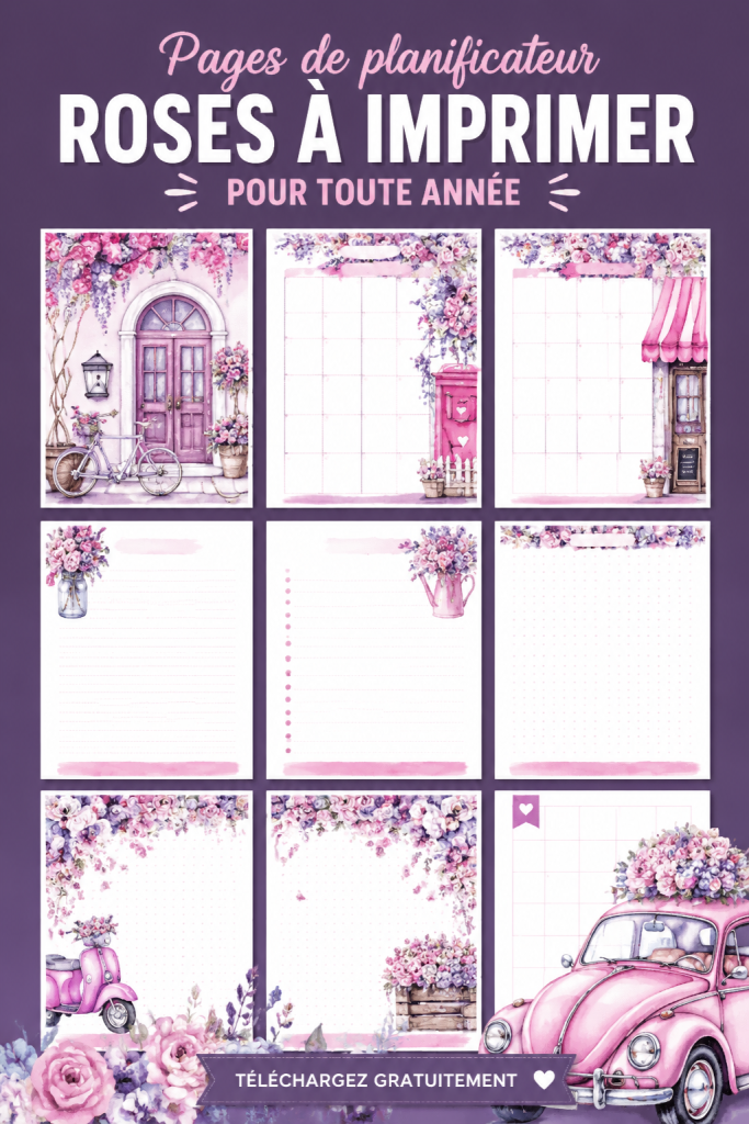 Illustration de pages de planner roses imprimables sur un bureau organisé.