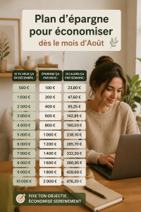Femme écrivant sur un carnet ses objectifs d'épargne pour le mois d'août.