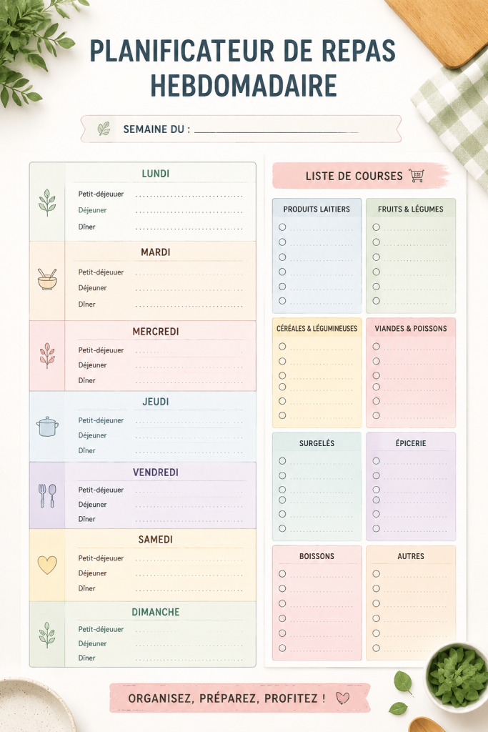 Planificateur de repas hebdomadaire avec liste de courses