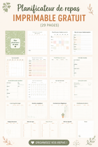 Planificateur de repas à imprimer sur une table en bois avec des aliments en arrière-plan