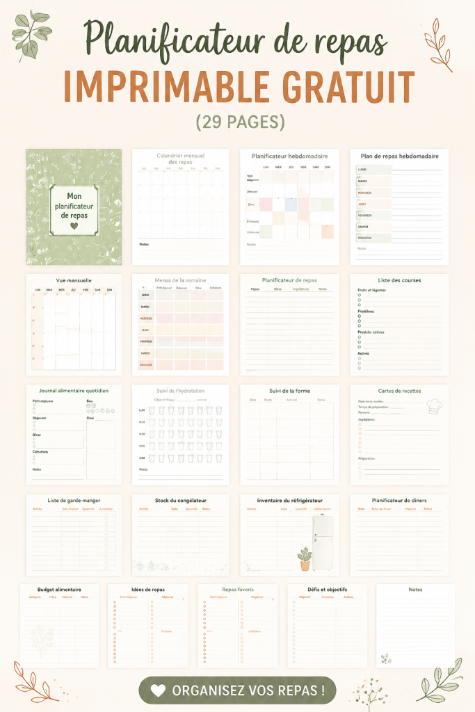 Planificateur de repas à imprimer sur une table en bois avec des aliments en arrière-plan