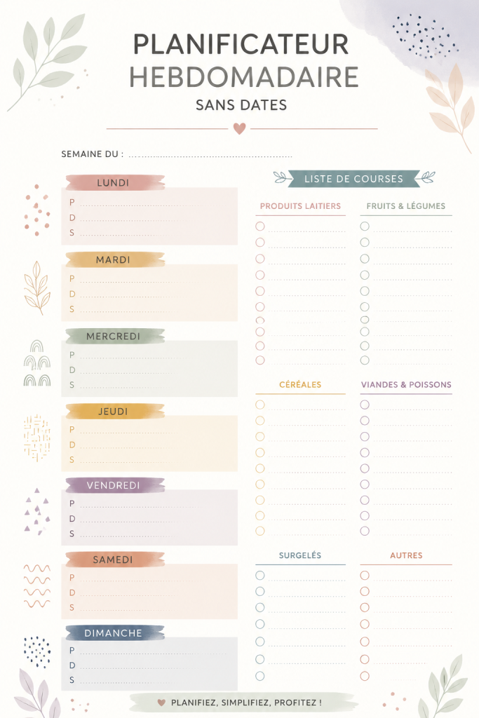 Planificateur de vie non daté sur une table avec des stylos colorés
