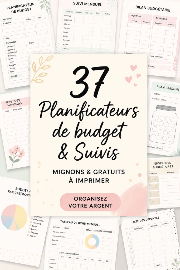 Un échantillon de planificateurs de budget imprimables retrouvés sur une table, avec des stylos colorés.