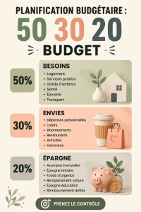 Illustration représentant la méthode de budget 50/30/20 avec des graphiques et des pourcentages.