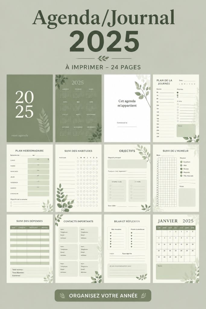 Planner 2025 avec un design feuilles vertes