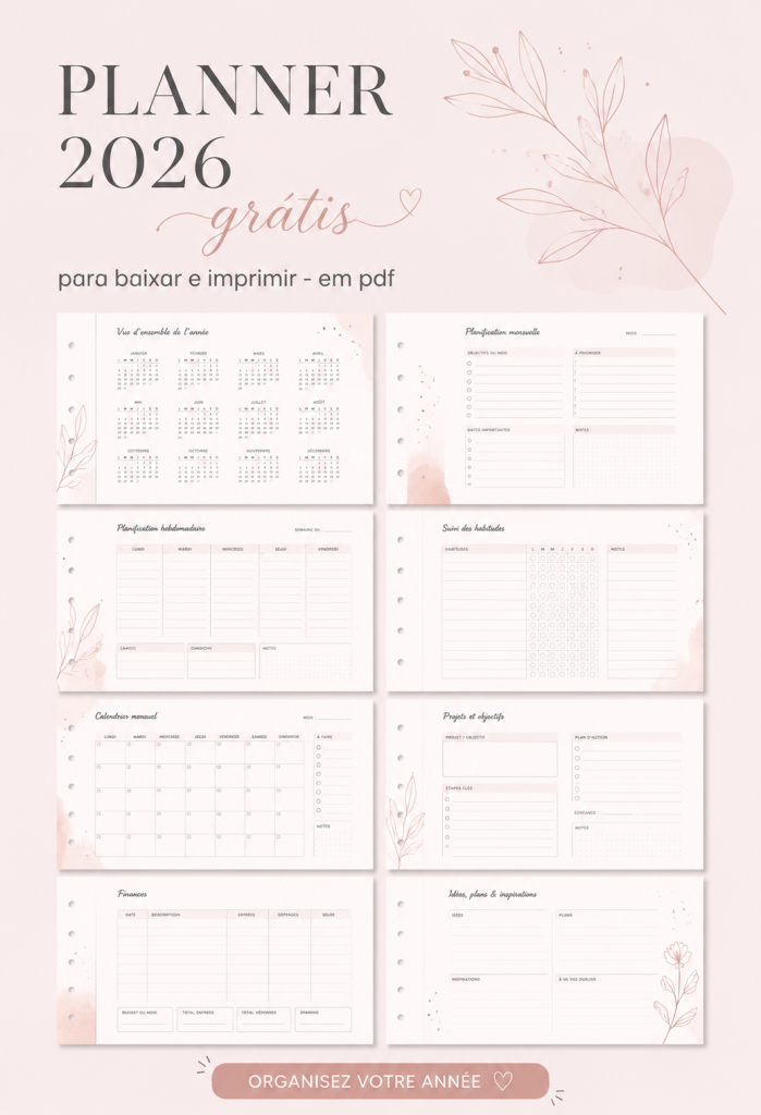 Un planner 2026 imprimable en PDF sur un bureau avec des stylos colorés
