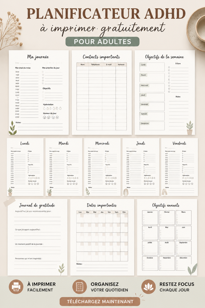 Planner ADHD gratuit à imprimer pour adultes, aide à l'organisation