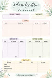 Un planner budgétaire floral ouvert sur un bureau avec des stylos colorés