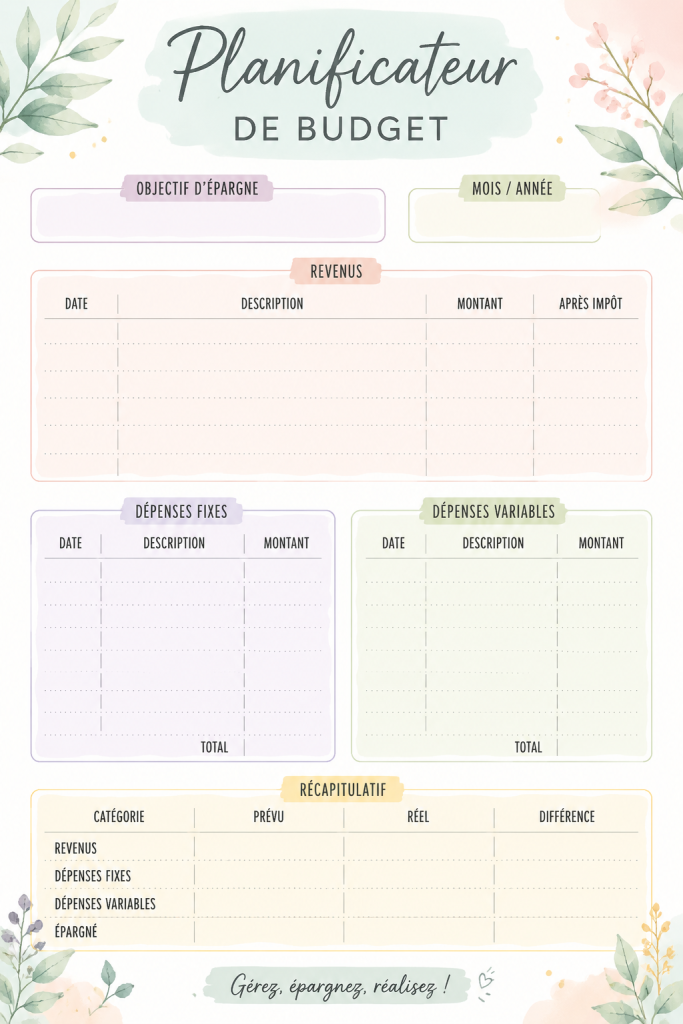 Un planner budgétaire floral ouvert sur un bureau avec des stylos colorés