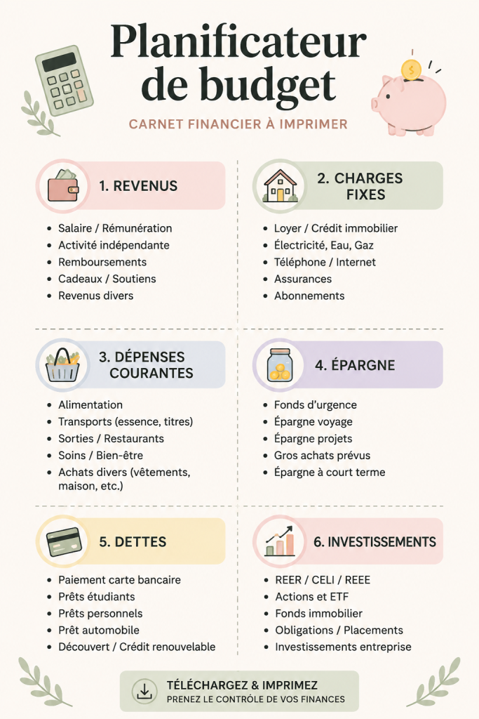 Image d'un planner budget printable sur une table avec des fournitures de bureau