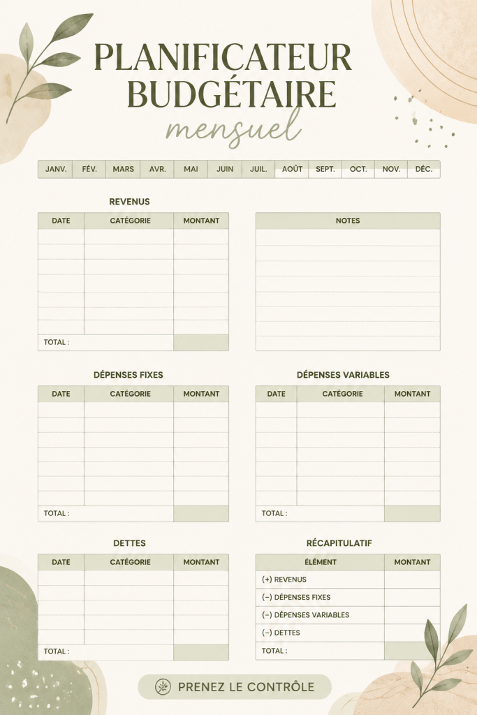 Template de budget mensuel minimaliste beige sur une table en bois