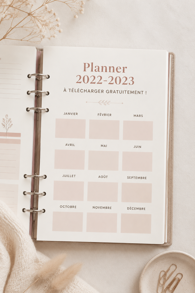 Un planner 2023-2024 ouvert sur un bureau avec des stylos colorés, prêt à être utilisé pour organiser son emploi du temps.