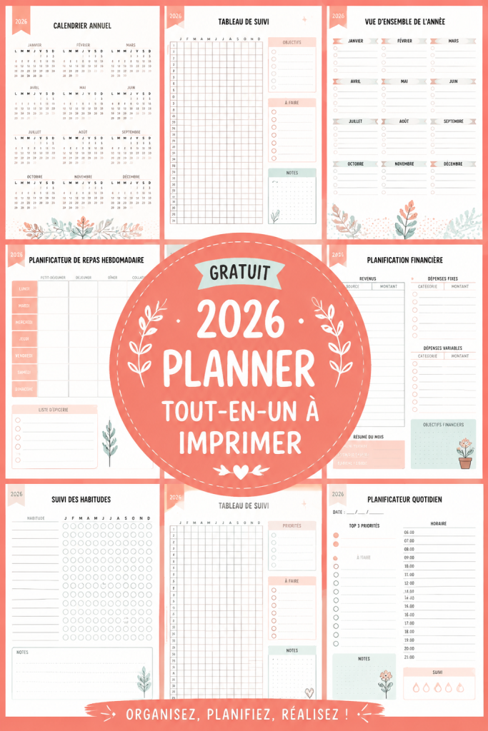 Un planner 2026 ouvert sur un bureau avec des stylos et des décorations.