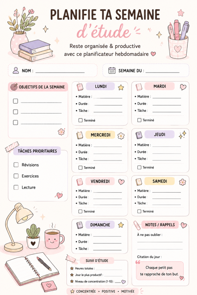 Image d'un planner hebdomadaire ouvert sur un bureau avec des stylos colorés.