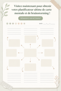 Un planner de brainstorming sur une table en bois, ouvert et rempli d'idées créatives.