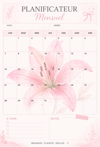 Un planner mensuel avec un design élégant orné de lys roses