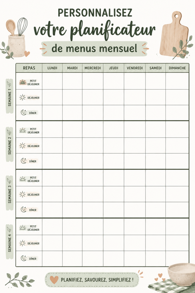 Planner de menu personnalisé sur une table de cuisine