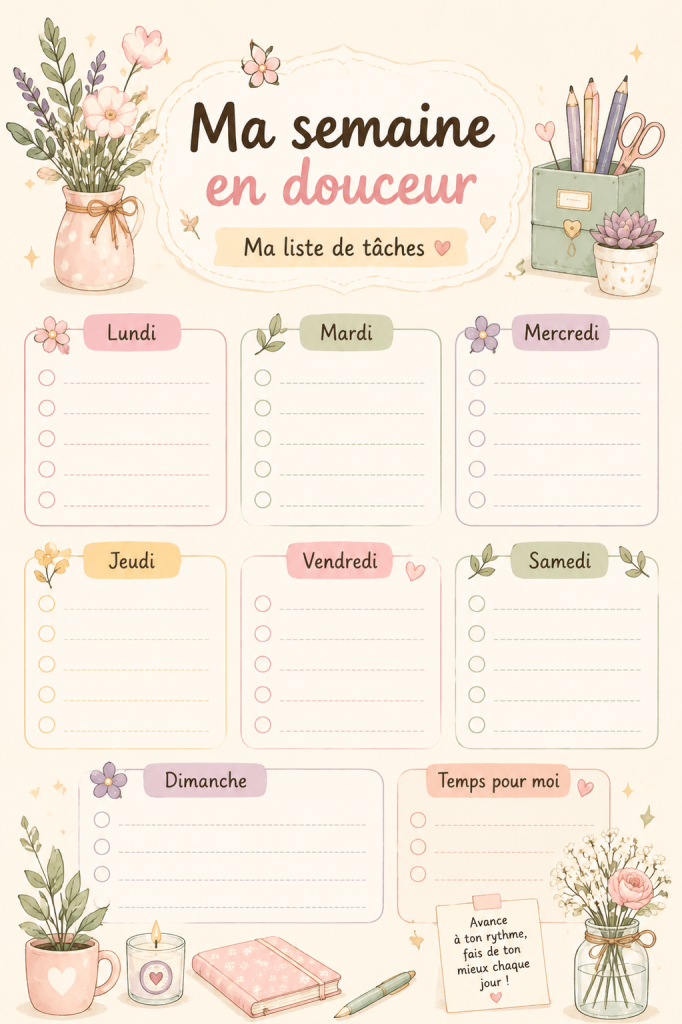 Un élégant planner pastel ouvert sur un bureau, avec des stylos colorés à côté.