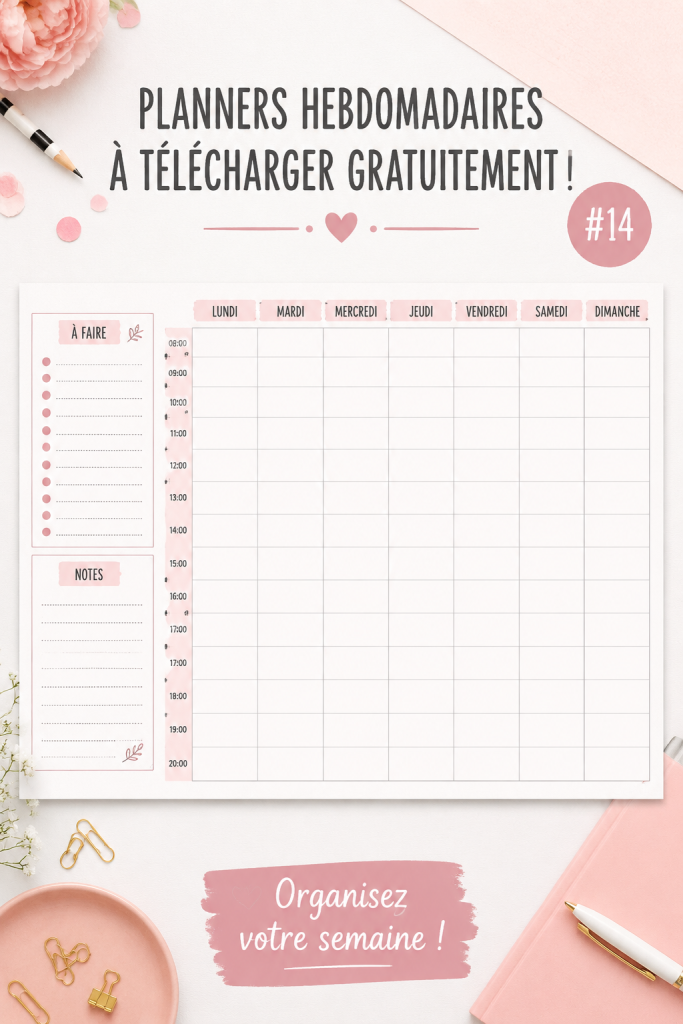 Un planner hebdomadaire gratuit prêt à être téléchargé et imprimé, avec une mise en page claire et colorée.