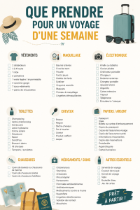 Femme préparant une valise pour un voyage d'une semaine, avec des vêtements soigneusement pliés et des accessoires.