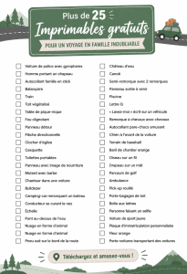 Printables de road trip pour famille avec enfants, représentant des jeux et activités à imprimer.