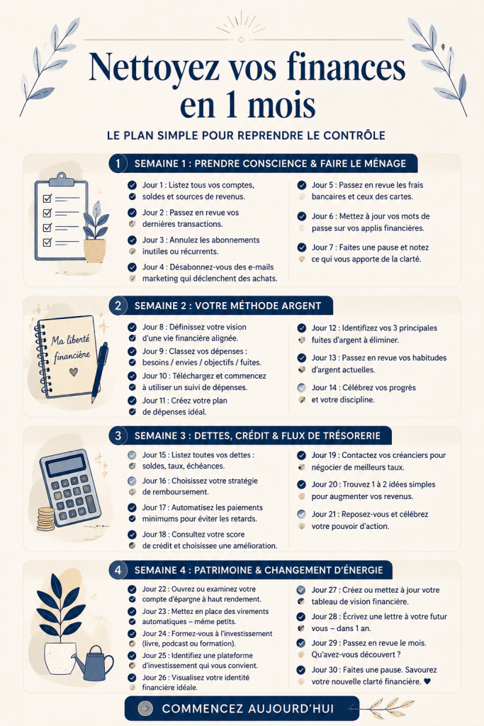 Femme souriante révisant ses finances avec un ordinateur et un carnet.