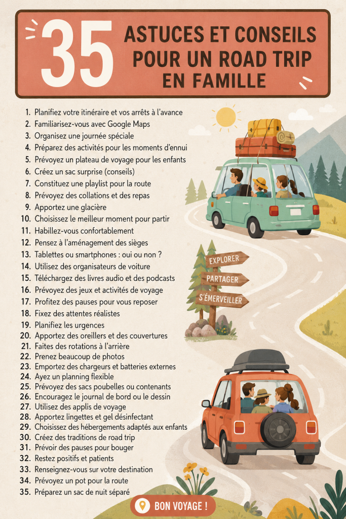 Famille heureuse en voiture pour un road trip.