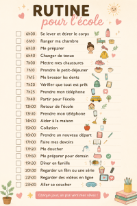 Une maman et son enfant discutent d'une routine scolaire organisée, entourés de cahiers et d'horloges.