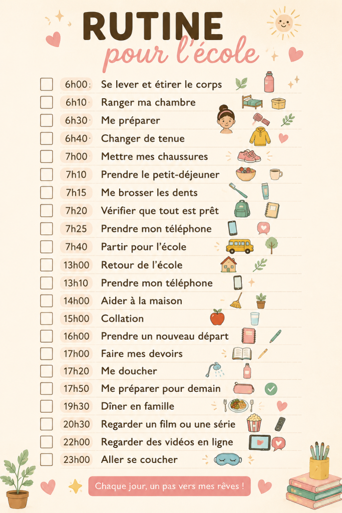 Une maman et son enfant discutent d'une routine scolaire organisée, entourés de cahiers et d'horloges.